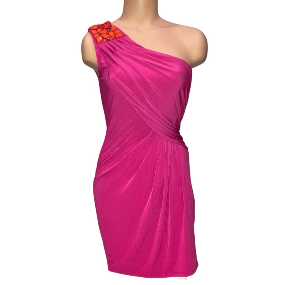 *3 for $30!* Manoukian Barbie Pink Ruched One Shoulder Dress Orange Beads Size 4